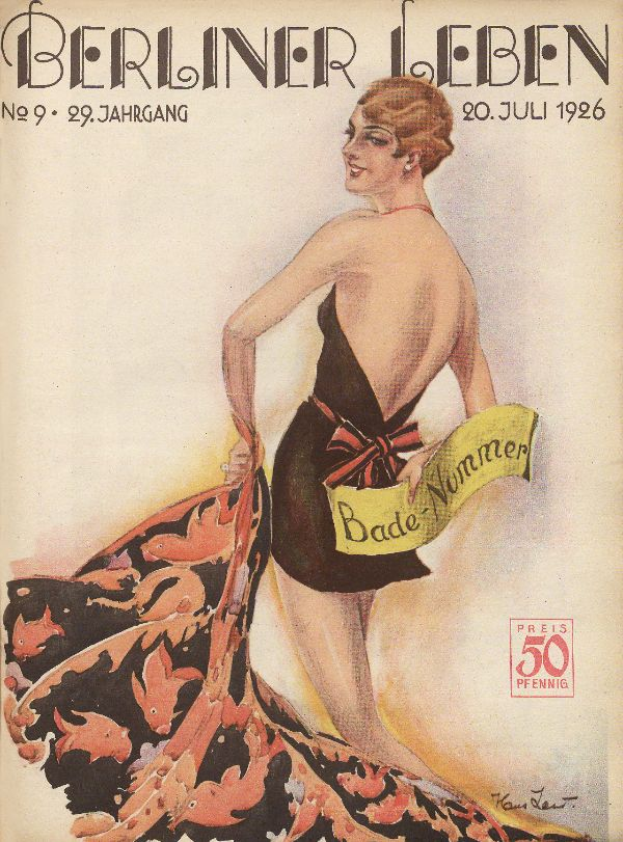 Eine Frau in einem Badeanzug steht auf dem Cover der Berliner Leben Zeitschrift vom Juni 1926 und hält ein Tuch in der Hand, mit dem Zeitschriften-Titel quer darüber.