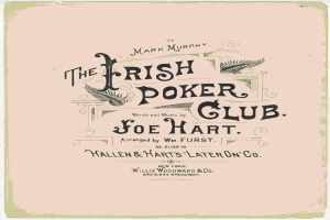 Ein gerahmtes Poster mit "The Irish Poker Club" in fetter schwarzer Schrift auf einem weißen Hintergrund, umrandet von einer dünnen schwarzen Linie, mit einer bunten Kleeblatt-Illustration.