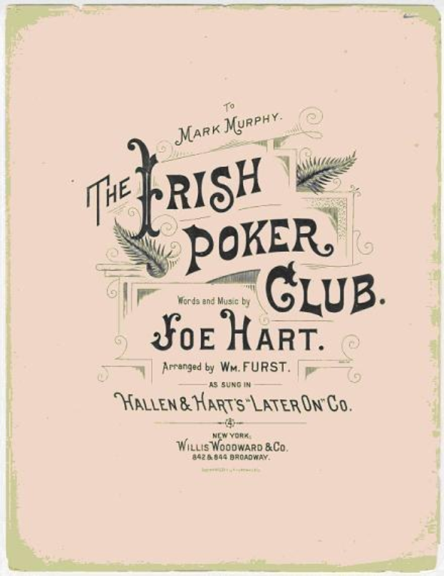 Ein gerahmtes Poster mit "The Irish Poker Club" in fetter schwarzer Schrift auf einem weißen Hintergrund, umrandet von einer dünnen schwarzen Linie, mit einer bunten Kleeblatt-Illustration.