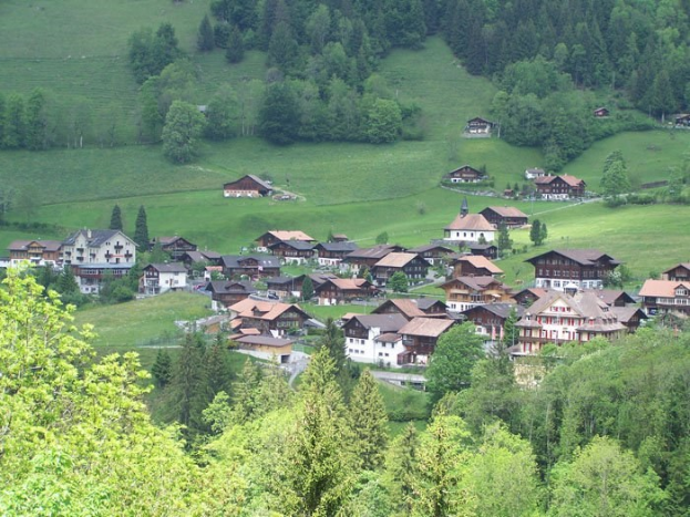 Kleines Dorf mit bunten Häusern umgeben von Bäumen und Gras in einem grünen Tal.