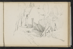 Eine Schwarz-Weiß-Zeichnung einer Stadtstraße mit einem Gebäude im Hintergrund, geschaffen von Joseph Mallord William Turner zwischen 1805 und 1898, aus der National Portrait Gallery in London.