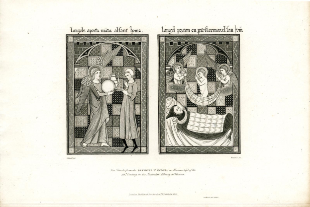 Offenes Buch mit dem Titel 'Die Familie aus dem Brevier der Amour' zeigt einen Mann neben einer Frau auf einem Bett liegend, umgeben von Illustrationen und dekorativem Text auf einem hellblauen Hintergrund.