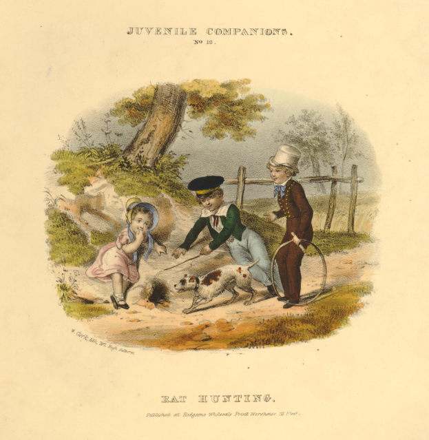 Ein Kindesbild, das drei Kinder mit einem Hund in einem Park spielt, umgeben von Bäumen, Pflanzen und einem Zaun, mit Text unten.