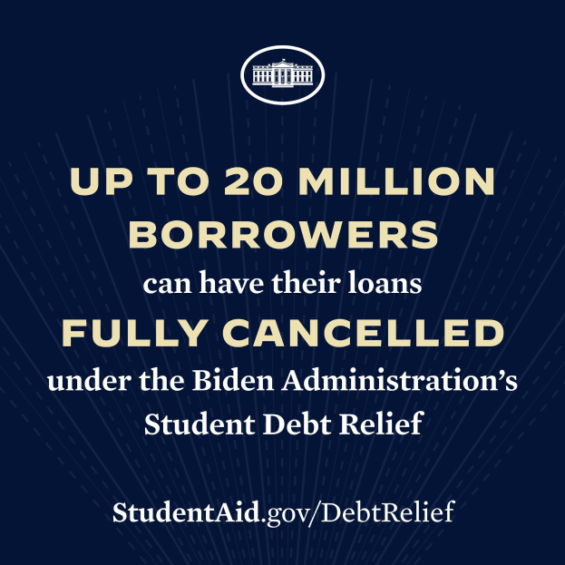 Plakat mit Text und Logo, das besagt: "Bis zu 20 Millionen Kreditnehmer können ihre Kredite unter dem Kreditentlastungsprogramm der Biden-Regierung vollständig tilgen."