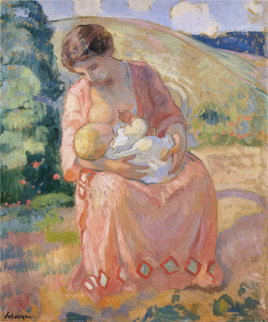 Gem├Ąlde mit dem Titel "Mutter und Kind" von Paul C├ęzanne zeigt eine Frau auf einer Bank sitzend, die ein Baby in den Armen h├Ąlt, umgeben von Grünzeug unter einem hellblauen Himmel.