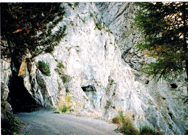 Schotterstraße durch eine felsige Schlucht mit Bäumen und Pflanzen, Text unten.
