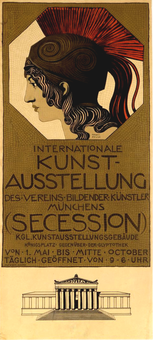 Ein Plakat für die Internationale Kunstausstellung in München, Deutschland, das eine Frau mit einem menschlichen Gesicht in der Mitte und Text mit Veranstaltungshinweisen zeigt.