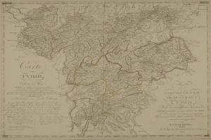 Ein detaillierter alter Stadtplan von Tirol, Deutschland, der Städte, Dörfer, geografische Merkmale und Texte zeigt, die Informationen über die Bevölkerung, Straßen und Sehenswürdigkeiten liefern.