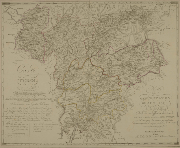 Ein detaillierter alter Stadtplan von Tirol, Deutschland, der Städte, Dörfer, geografische Merkmale und Texte zeigt, die Informationen über die Bevölkerung, Straßen und Sehenswürdigkeiten liefern.