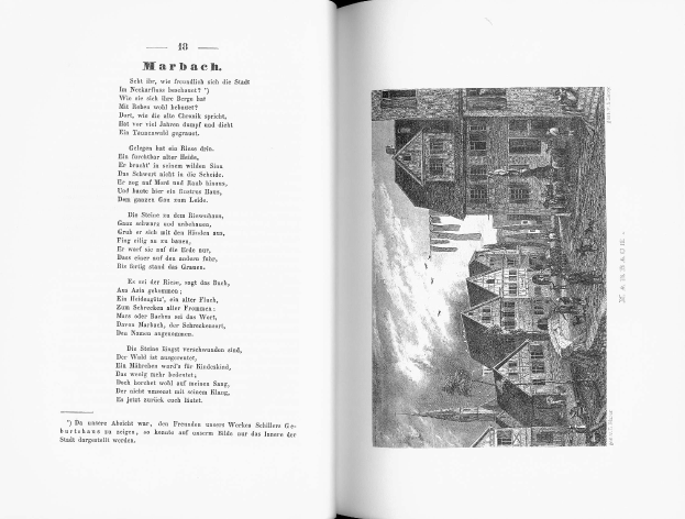 Ein aufgeschlagenes Buch mit dem Titel 'Die Geschichte Deutschlands' mit einer Schwarz-Weiß-Illustration eines Stadtbilds mit Gebäuden, Menschen und Himmel, begleitet von Text.