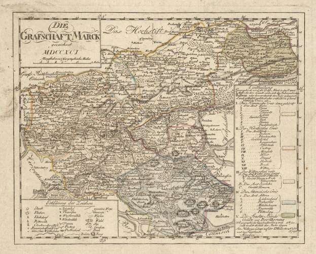Ein detaillierter alter Stadtplan von München, Deutschland, mit Straßen, Parks und Sehenswürdigkeiten in Blau, Grün und Gelb, umrahmt von einem dekorativen Rand.
