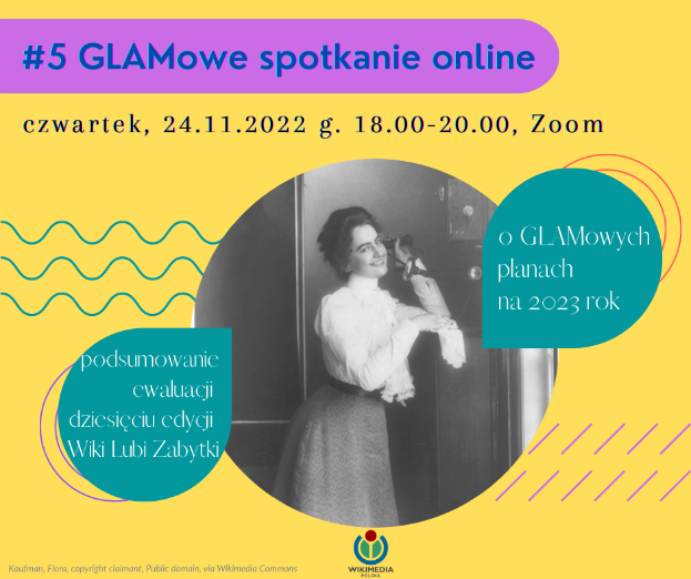 Ein Plakat mit einem selbstbewussten Model in stylischer Kleidung und der Schrift "5 glamowe spotkanie online" in fetter Schrift.
