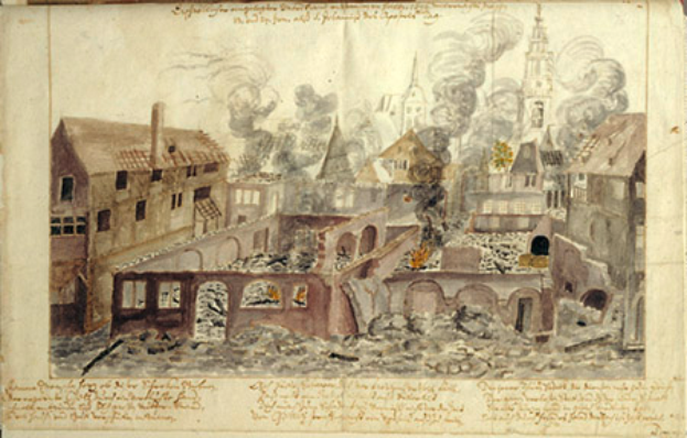 Ein altes Buch mit einer detaillierten Illustration einer zerstörten Stadt, die das Ende der Belagerung von Leipzig zeigt, mit zerstörten Gebäuden, Rauch und Text.