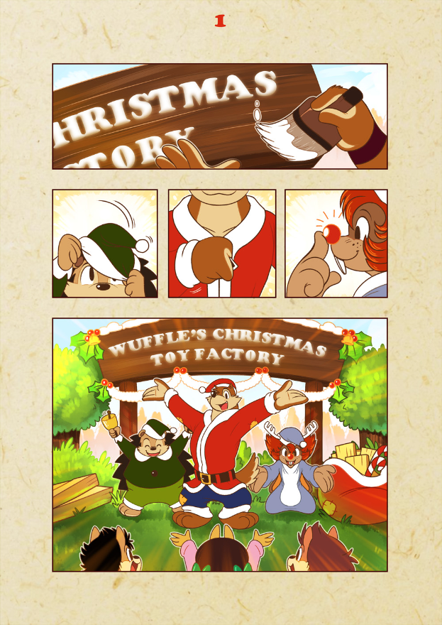 Ein Plakat mit der Aufschrift "Wuffles' Weihnachts-Spielzeug-Fabrik" in fetter weißer Schrift auf einem hellroten Hintergrund, das Cartoon-Figuren wie einen Weihnachtsbaum, einen Schneemann, ein Rentier und einen Lebkuchenmann in festlicher Weihnachtsbekleidung zeigt.