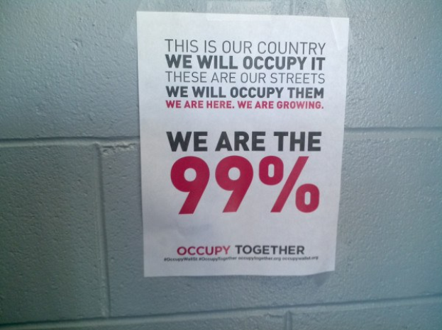 Schwarzes Plakat an einer Wand mit fettgedrucktem Text "Occupy Wall Street" und "Wir sind die 99%".