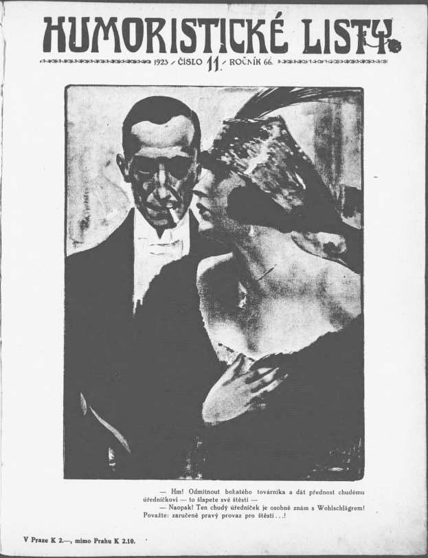 Schwarze und weiße Zeitschriftentitel 'Humoristische Liste' mit einem Mann im Anzug mit ernster Miene und einer Frau, die verschmitzt in die Ferne blickt.