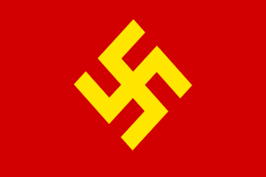 Ein roter Hintergrund mit einem gelben Hakenkreuz, einem Symbol der NSDAP, das prominent in der Mitte zu sehen ist.