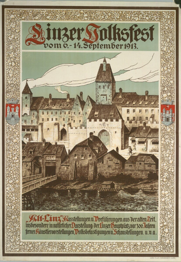 Schwarzes und weißes Plakat, das ein Fest in Deutschland bewirbt und eine Illustration eines Schlosses zeigt, das von Häusern umgeben ist, mit Text, der Details zum Fest enthält.