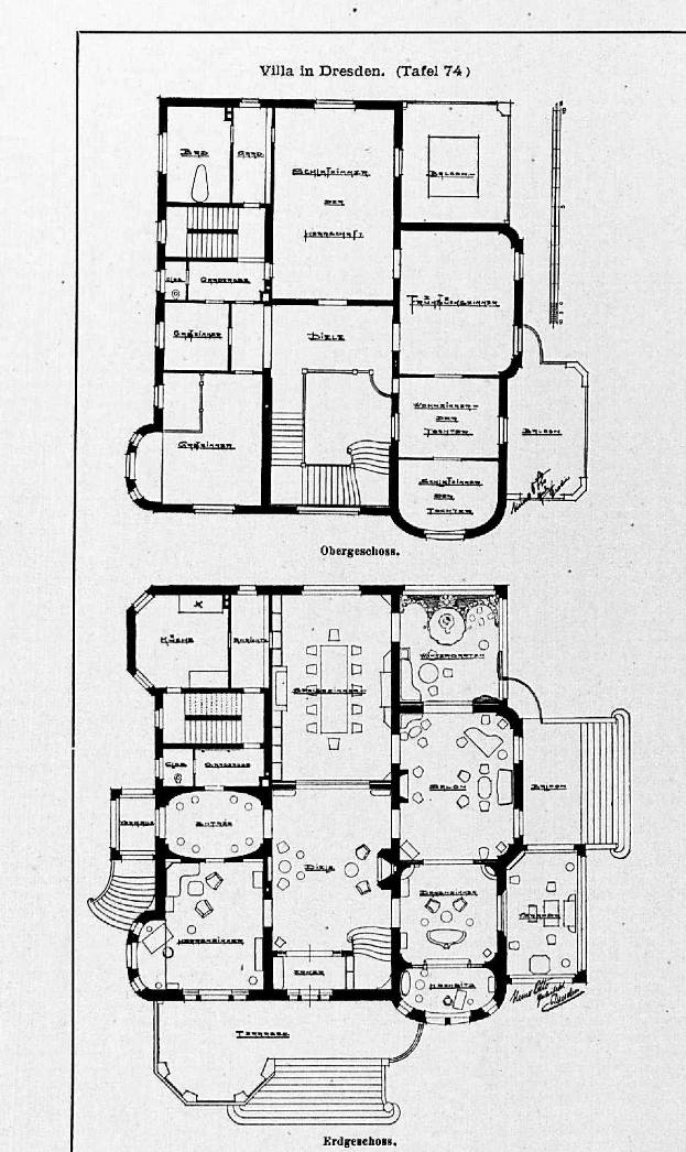 Ein Schwarz-Weiß-Bodenplan-Zeichnung eines Hauses mit mehreren Zimmern, beschriftet mit Details über die Zimmeranzahl und Größen, die als Villa in Dresden, Deutschland, identifiziert wird.