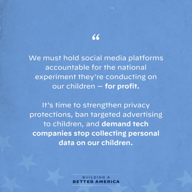 Ein Plakat mit einem Zitat aus "Building a Better America", das lautet: "Wir müssen die sozialen Medien-Plattformen für das nationale Experiment zur Rechenschaft ziehen, das sie an unseren Kindern durchführen - für Profit.", verziert mit Sternen.