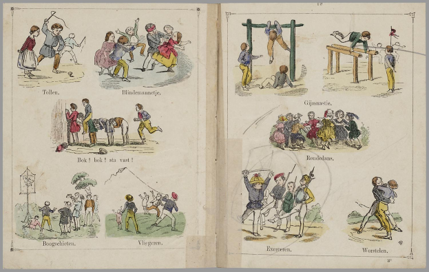 Ein aufgeschlagenes Buch mit Illustrationen von Menschen beim Sport wie Laufen, Springen und Ballspielen, begleitet von beschreibendem Text.
