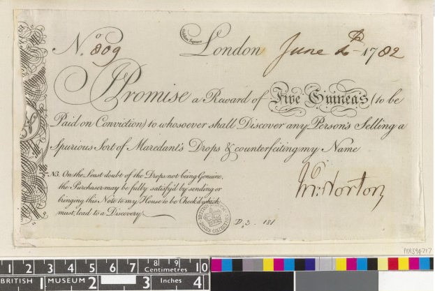 Schwarz-weißes Dokument mit handgeschriebener Text, amtlichem Stempel und Farbskalen unten, das eine Belohnung von fünf Emiraten für die Meldung von gefälschten Mardant's Tropfen anzeigt.