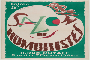 Ein Plakat, das eine Humoristentafel in Paris, Frankreich, bewirbt, mit Text, der die Angebote der Tafel beschreibt.