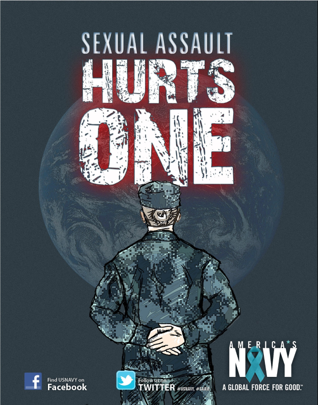 Ein Plakat mit einer Person in militärischer Uniform in der Mitte, umgeben von Logos und Text, der "Sexual Assault Hurts One" lautet und Stärke und Resilienz vermittelt.