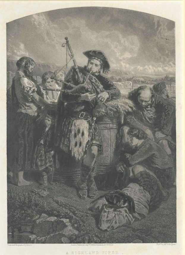 Schwarz-weißes Gravur eines Mannes, der vor einer Gruppe von Menschen eine Dudelsack spielt, unter einem bewölkten Himmel, mit dem Text "Ein Highland-Pfeife" unten.