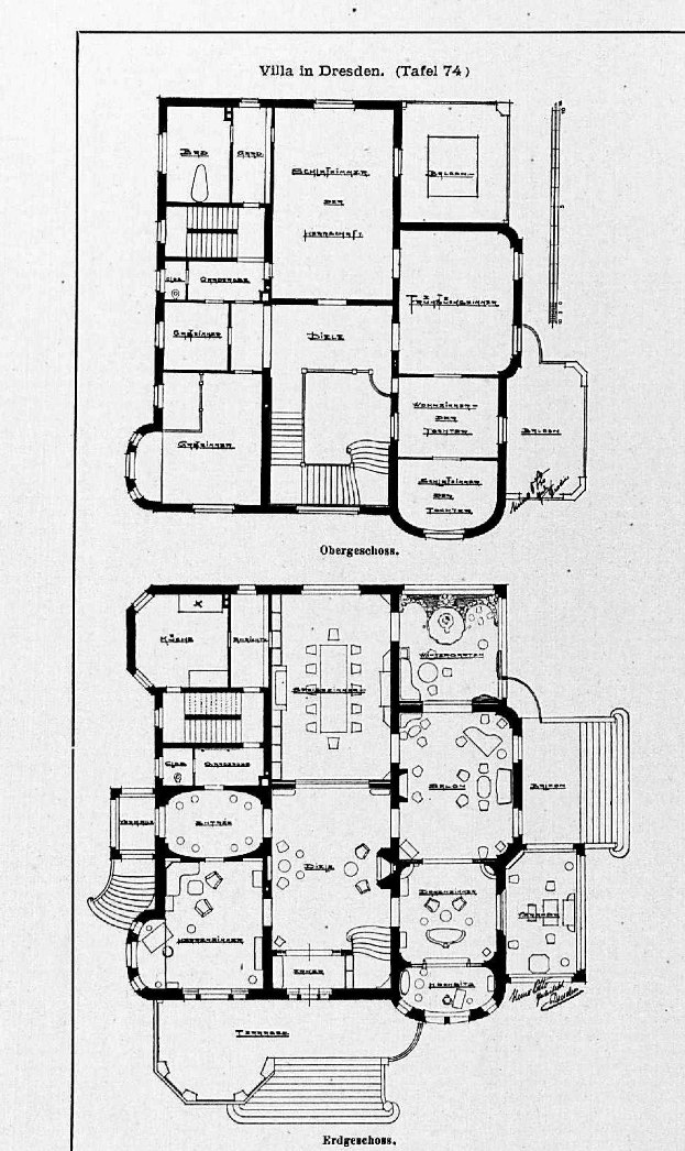 Ein Schwarz-Weiß-Fußbodenplan-Zeichnung eines Hauses mit mehreren Räumen, die als Villa in Dresden, Deutschland, vermutet wird, mit Text, der die Anzahl und Größe der Räume angibt.