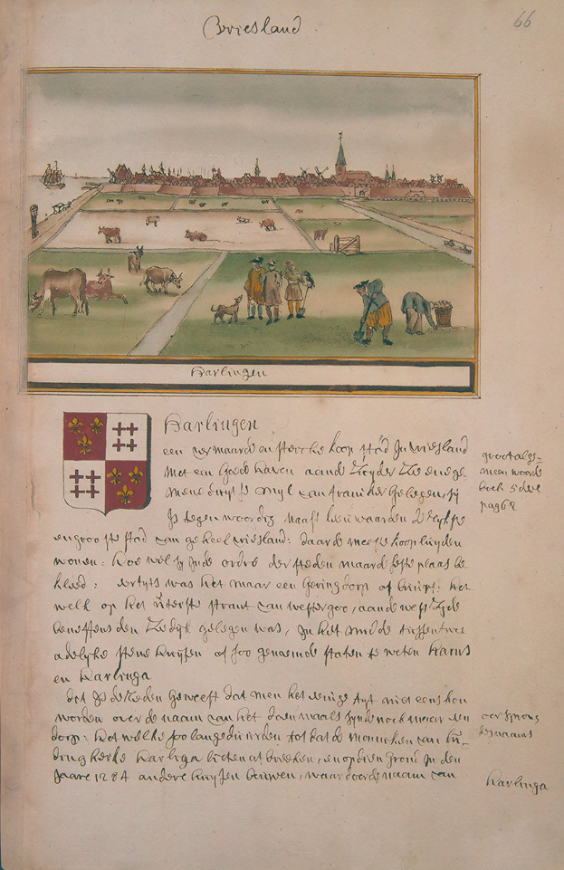Ein aufgeschlagenes Buch mit einer Farm-Szene-Illustration, das Menschen, Tiere, Gras, Gebäude und Himmel zeigt, begleitet von Text und einem Logo.