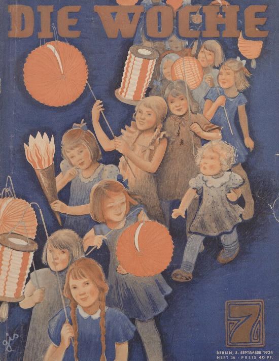 Titelbild der Zeitschrift *Die Woche* vom 7. September 1934, das Kinder in traditioneller deutscher Tracht zeigt, die bunte Laternen halten, mit der Aufschrift "Die Woche" und "Frohes neues Jahr."