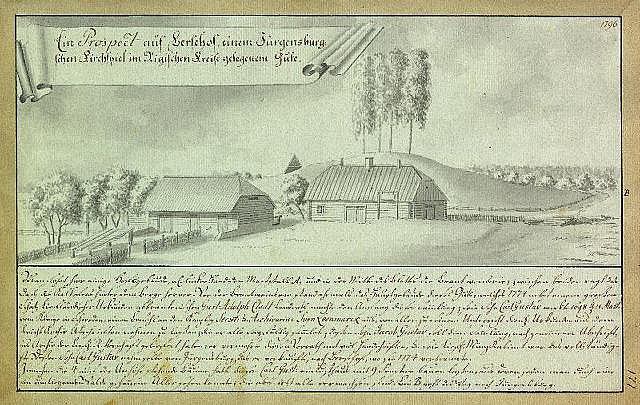 Ein altes historisches Dokument mit der Überschrift "Surgensburg, Deutschland - Landschaft einer Farm", das eine ländliche Szene mit einem zentralen Bauernhof, Häusern, Bäumen und einem Himmel zeigt.