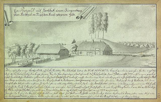 Ein altes historisches Dokument mit der Überschrift "Surgensburg, Deutschland - Landschaft einer Farm", das eine ländliche Szene mit einem zentralen Bauernhof, Häusern, Bäumen und einem Himmel zeigt.