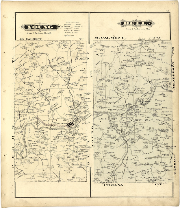 Detailierter alter Stadtplan von Young, Indiana, zeigt Straßen, Gebäude und Sehenswürdigkeiten.