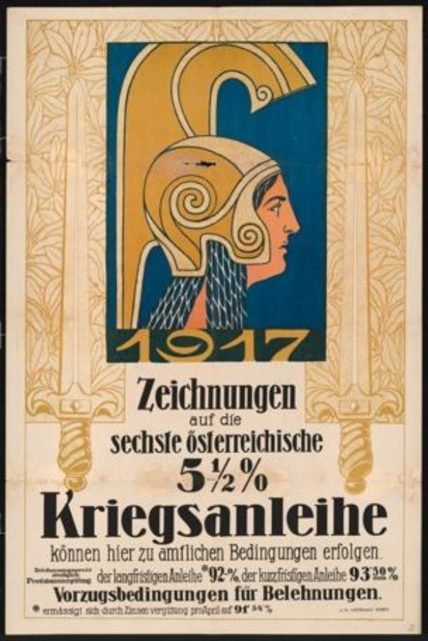 Plakat für ein 1917er Berlin-Konzert mit einer Frau in einem Helm, die ein Schwert hält.