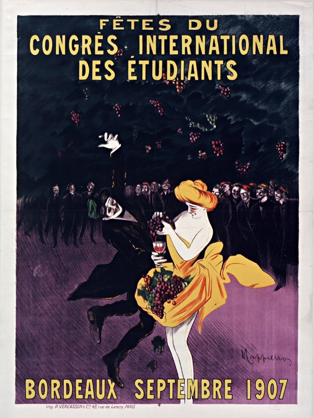 Plakat aus dem Jahr 1907, das ein Weinprobe-Event in Bordeaux, Frankreich ankündigt, das eine Frau in einem gelben Kleid zeigt, die ein Weinglas hält und von einer Gruppe Menschen umgeben ist.