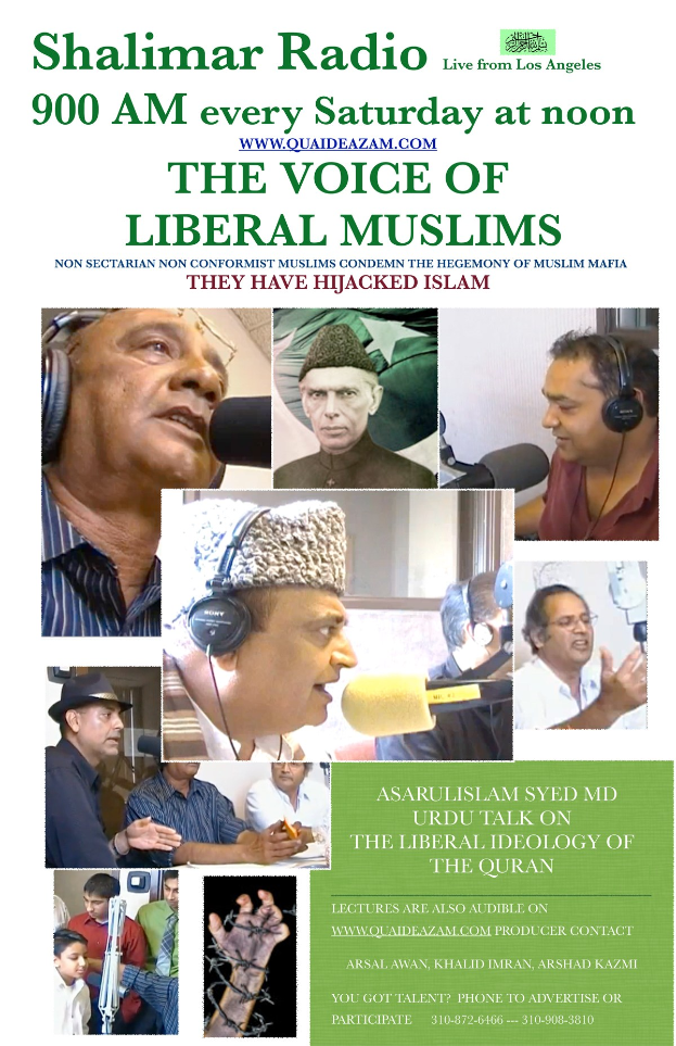 Plakat für das 'Stimme der liberalen Muslime'-Radioprogramm, mit Bildern von Menschen mit Headsets und Mikrofonen in Unterhaltung.