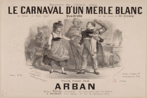 Ein Blatt Papier mit einer Zeichnung eines Mannes und einer Frau in traditioneller Kleidung vor einem Karneval, mit der Aufschrift "le carnaval d'un merle blanc" darauf, in einer festlichen Atmosphäre.