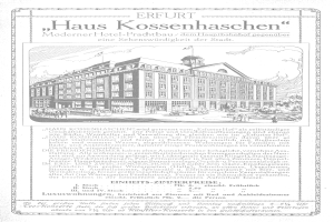 Eine alte Werbung für ein deutsches Hotel, das ein zweistöckiges Gebäude mit rotem Dach, weißen Wänden und einem großen Fenster im zweiten Stock zeigt, mit fetter Schrift, die von einem dekorativen Rahmen umgeben ist.
