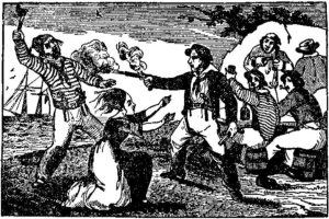 Eine Schwarz-Weiß-Zeichnung einer Gruppe von Menschen am Strand mit einem Schiff im Hintergrund und einem Baum im Vordergrund und dem Text "Pirates of the Caribbean" unten.