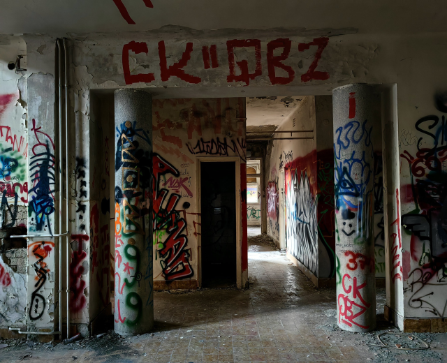 Verlassenes Gebäude mit Graffiti-bedeckten Wänden, Säulen, freigelegter Boden und sichtbaren Rohren, mit einer Tür im Hintergrund.