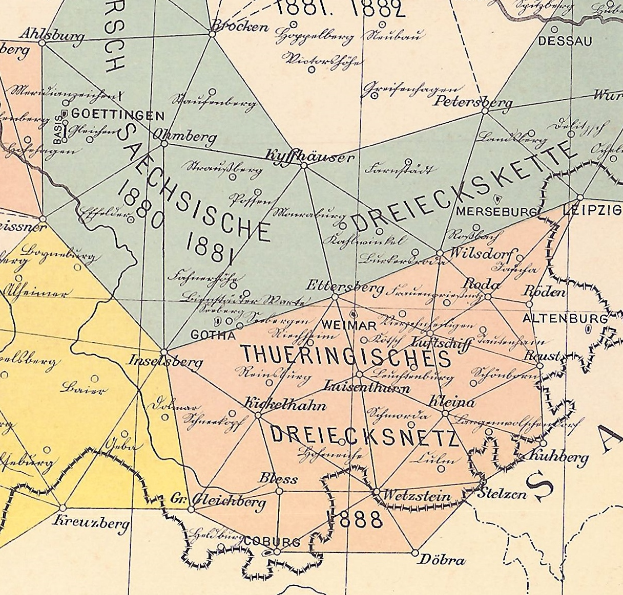 Ein altes Thuringen-Karte von Deutschland mit blauen und grünen Schattierungen, gelben und roten Akzenten und fettem Text, der Grenzen, Straßen, Städte und geografische Merkmale anzeigt.