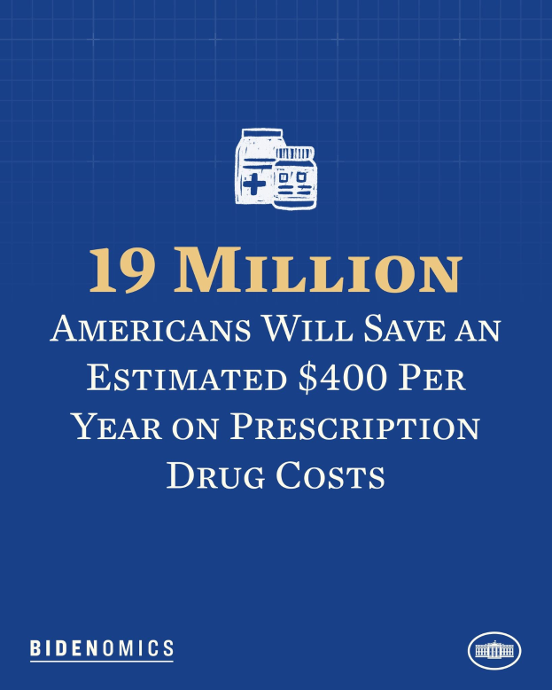 Blauer Hintergrund mit weißer Schrift und einem Logo, das besagt: "19 Millionen Amerikaner werden geschätzte 400 USD pro Jahr an Arzneimittelkosten sparen."