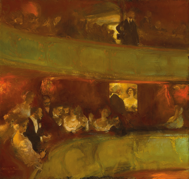 Ein Bild einer vielseitigen Gruppe von Menschen in einem hell erleuchteten Theater, einige stehen, einige sitzen, alle in feiner Kleidung, schaffen eine lebendige und einladende Atmosphäre.