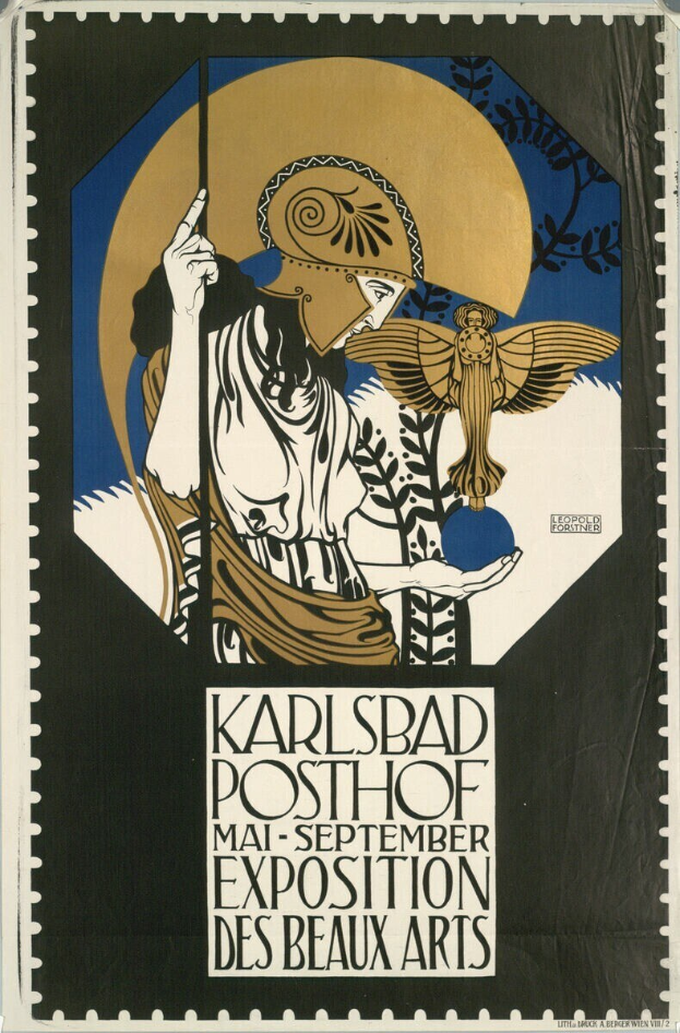 Plakat für die Karlsbader Posthof-Ausstellung der Beaux Arts mit einer Person in einem weißen Kleid mit einem blauen und weißen gemusterten Schal vor einem hellgelben Hintergrund, umgeben von fetter schwarzer Schrift in einem weißen Rand.