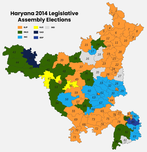 Eine 2014-Karte der Wahlkreise der Legislative von Haryana, farbcodiert nach den Wahlergebnissen.