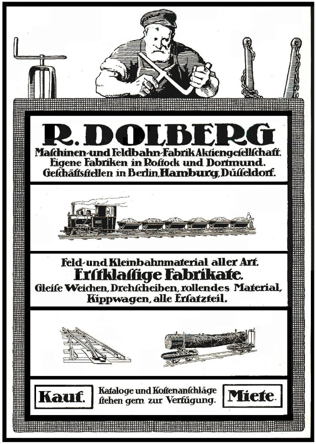 Werbung für die Fabrik von R.D. Dolberg in Hamburg, Deutschland, mit einem Plakat mit Text, einer Person, einem Zug und anderen Gegenständen.