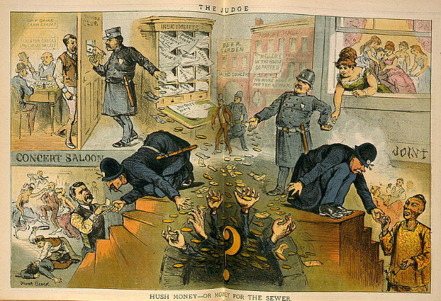 Eine Karikatur eines Gerichtssaals mit einem Richter in der Mitte, der einen Stock und ein Buch hält, umgeben von stehenden und sitzenden Menschen, mit Papieren auf dem Boden, die 'Schweigegeld oder Geld für die Kanalisation' lesen.
