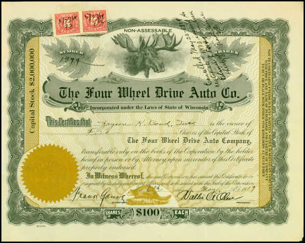 Rahmt vierrädriger Auto Co. Aktienzertifikat mit Goldsiegel, Text, Zahlen und mehrfarbigen Stempeln.